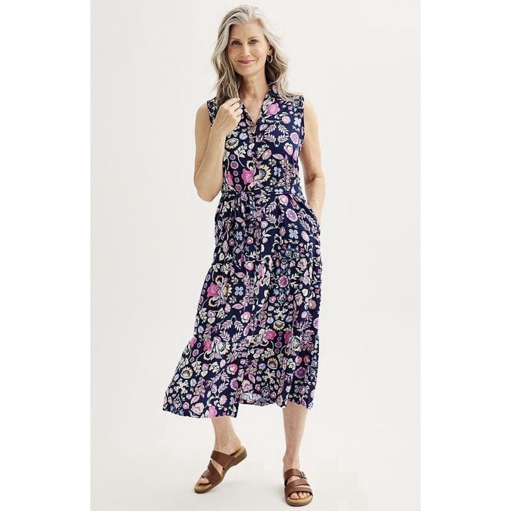 Croft & Barrow® Women’s Large Sleeveless Navy Pink Floral Maxi Shirtdress